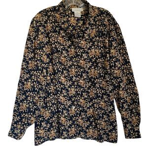 Evan Picone Blouse Top 12 Floral 100% Silk Button Up Long Sleeves Retro Cottage